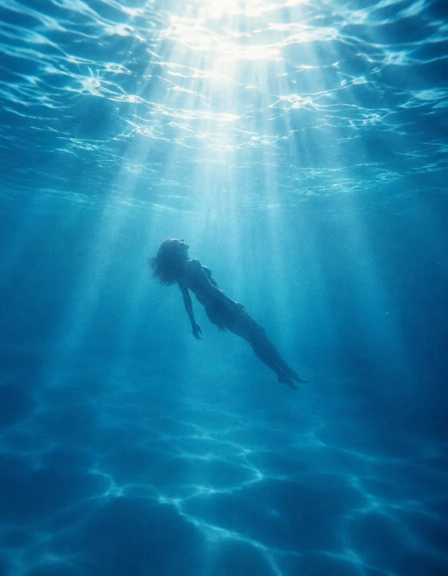 A figure swimming beneath sunlit blue water