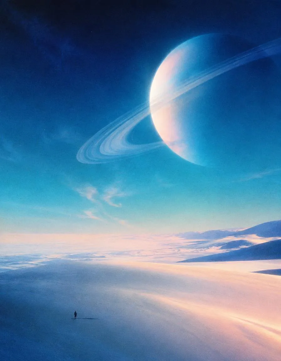 A lone figure on a luminous plain beneath a ringed planet